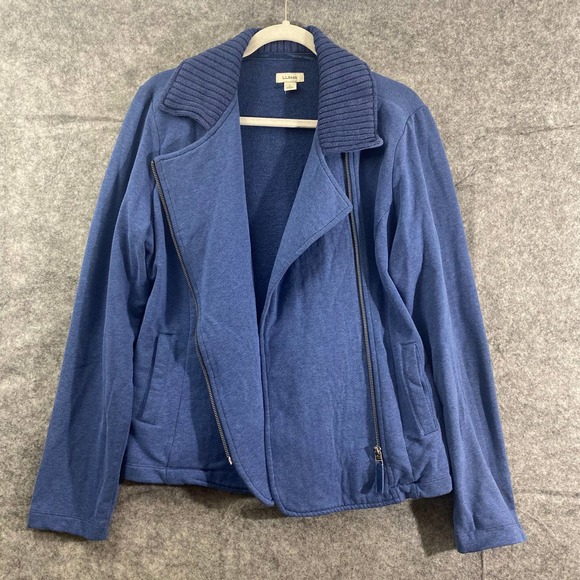 LL Bean Moto Jacket Blue Large Knit Asymmetrical Full Zip Long Sleeve Collared - Picture 1 of 9